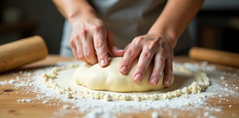 Hands kneading dough on a lightly floured surface with a wooden spoon in the background, flour, utensils, dough