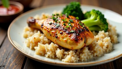 Roasted chicken with whole grain rice and steamed broccoli on a wooden table , vitamins, zinc, chicken