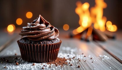 Schokoladencupcake auf weißem Tisch mit brennenden Kerzen und Feuerflammen, home decor, evening, luxury