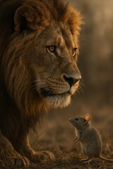 Obraz premium Lion Mouse Gazing Intently Curiosity Fable Opposites Strength Weakness Concept