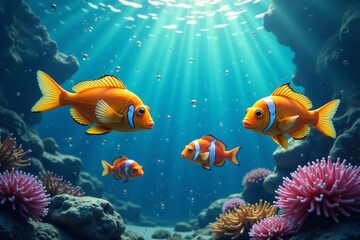 School of colorful fish swim together in a sea of bubbles , coral reef, bubble trail , ocean animals