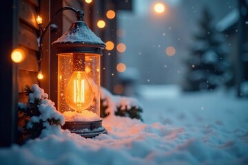 Softly glowing vintage lights amidst a snowy scene with defocused light and silver background, black, ambient, light