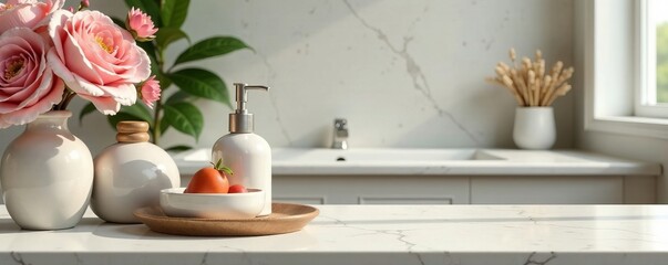 Still life of decorative objects on a marble surface against a blurred bathroom backdrop , decor, style, still life