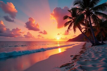 Sunset over palm trees on deserted beach at Cayo Levantado, palm tree, tropical, island