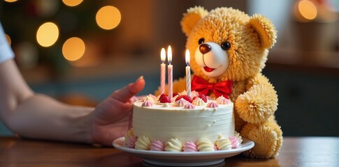 Teddy bear enjoying birthday cake held by woman's hand, birthday cake, teddy bear, animal