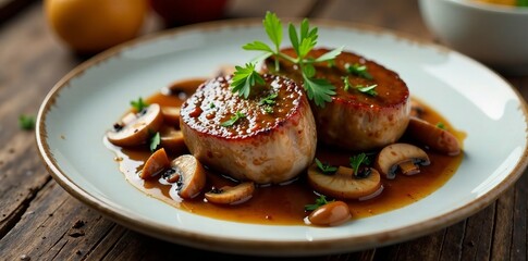 Tender pork cheeks in rich brown sauce with sautéed mushrooms on a modern plate, mushroom, hearty meal, food styling