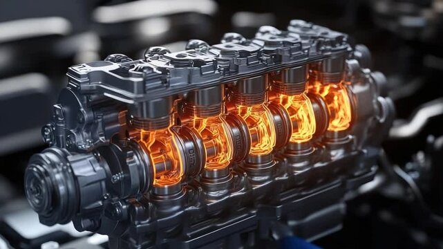 Close-up of a detailed, highly polished, internal combustion engine with glowing pistons