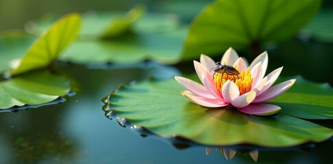 Water lily pad with delicate water strider and swaying reeds, nature, wildlife, calm