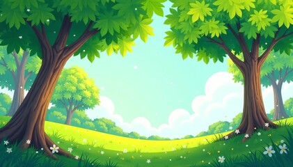 Whimsical illustration of trees swaying gently in the breeze with sunlight filtering through leaves , Whimsical, Nature, Sunlight
