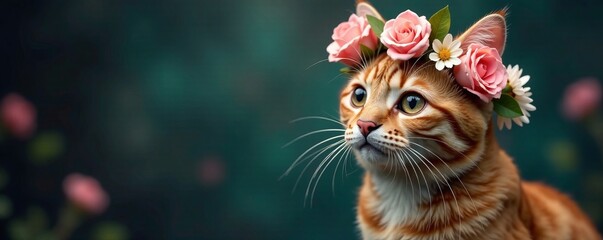 Whiskered feline with floral wreath headpiece, cat portrait floral wreath, flower crown, pet
