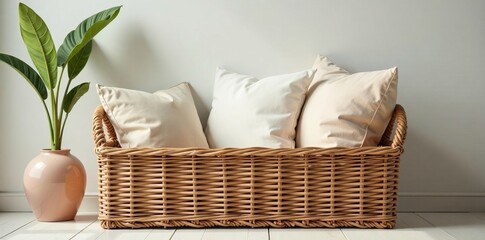 Wicker basket with pillows and storage for a calming atmosphere, storage, cozy, scandinavian