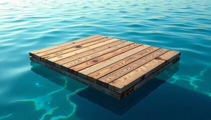 Wooden deck fragment floating on calm sea surface, driftwood, shipwreck, water