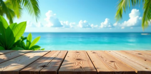 Wooden plank table against blue sky with blurred sea and green leaves , outdoor decor, beachy vibe, elegance