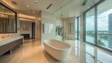 Luxurious modern bathroom with city views