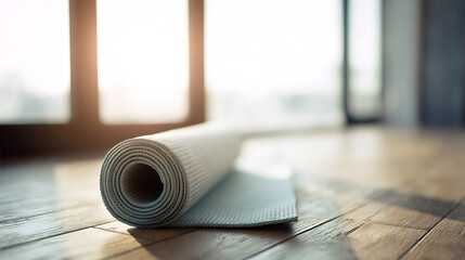 A yoga mat on a wooden floor bathed in morning light, embodying peace and simplicity.