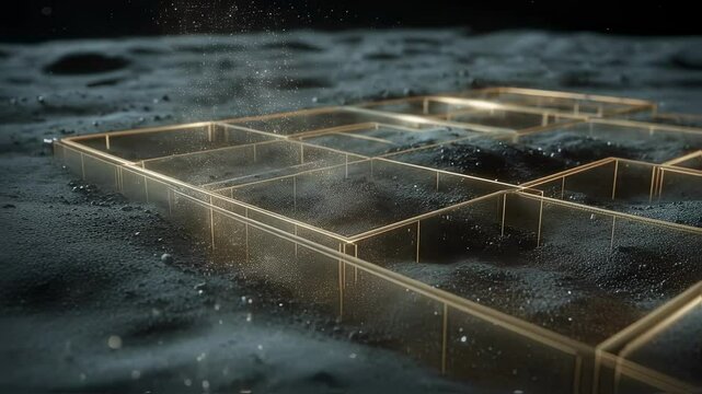 Electrostatic sorting process separates charged particles from lunar soil, guiding them into designated collection bins within a grid structure on the moon's surface