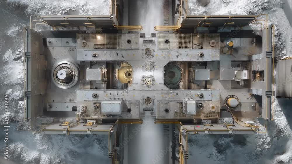 Poster lunar ice feedstock enters a forging chamber surrounded by advanced sensors and monitoring equipment