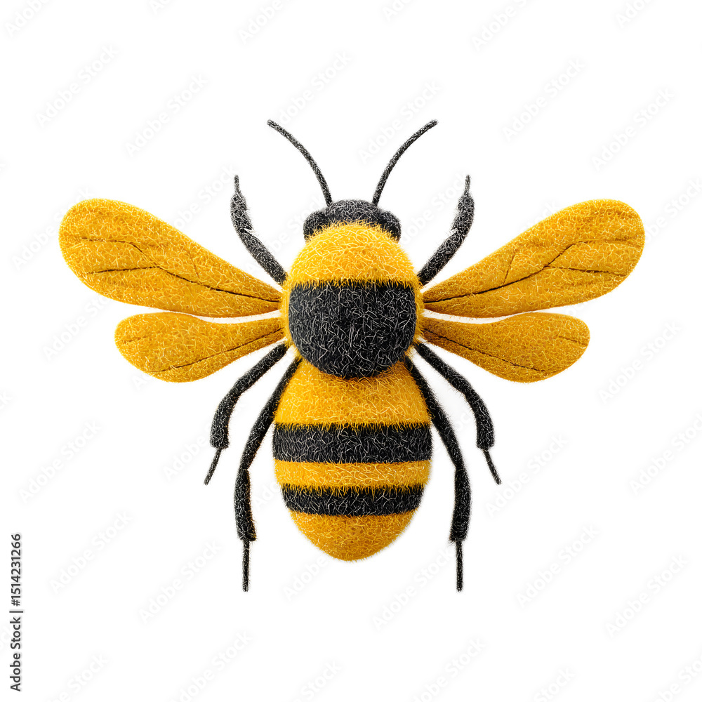 Fototapete A highly detailed and 3D rendering of a fuzzy striped bumble bee icon crafted from soft felt material set against a clean white studio background
