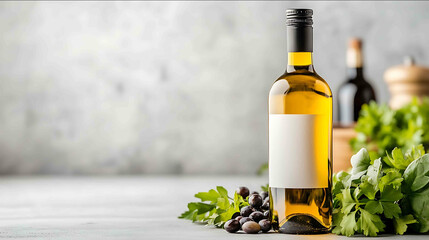 A solitary bottle with a plain label set against a minimalist kitchen backdrop