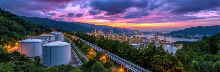 A panoramic view of an industrial petrochemical oil processing plant at dusk, with visible tanks and towers.