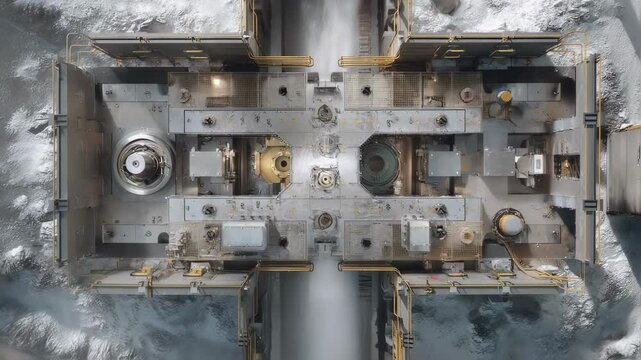 Lunar ice feedstock enters a forging chamber surrounded by advanced sensors and monitoring equipment, ensuring precise alignment within a lunar base