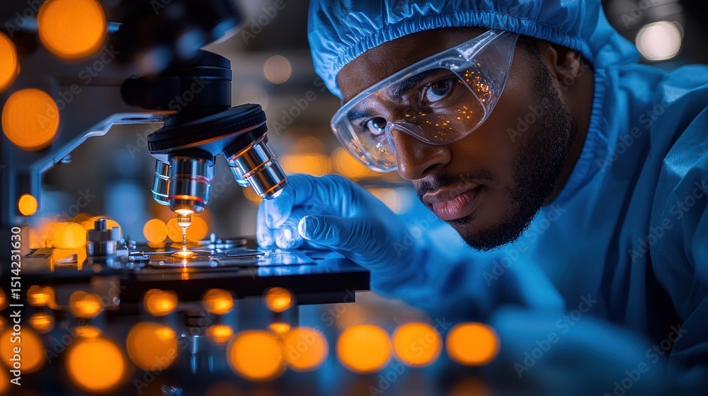 Poster focused scientist using a microscope in a laboratory