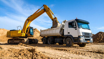 Powerful Excavator Loading Dump Truck at Construction Site