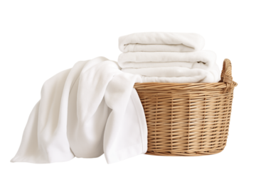 Clean White Towels in Woven Basket: Laundry Room Essentials isolated on transparent background png