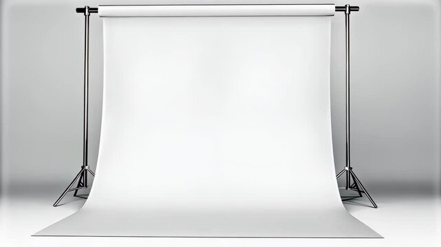 Studio backdrop setup with seamless white paper and chrome stand for professional photography and creative projects with minimalist design