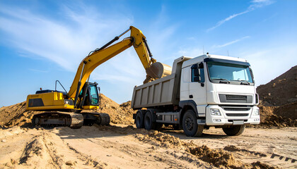 Obraz premium Excavator Loading Dump Truck with Sand at Construction Site