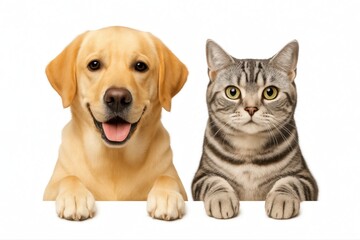A dog and a cat are standing next to each other. The dog is smiling and the cat is looking at the camera
