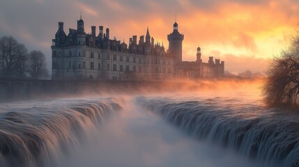 Obraz premium Majestic castle bathed in golden sunrise over frozen waterfall