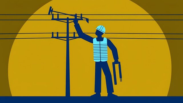 Silhouette of Electrician Repairing Power Lines at Sunset