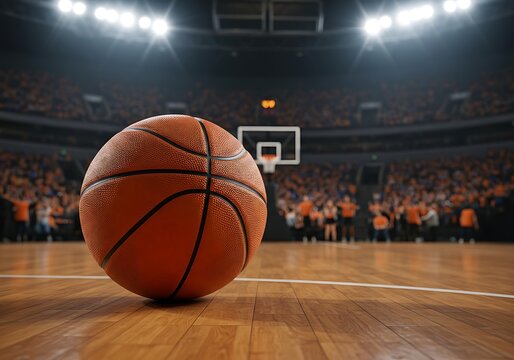 Basketball resting on the hardwood court in an arena filled with cheering fans