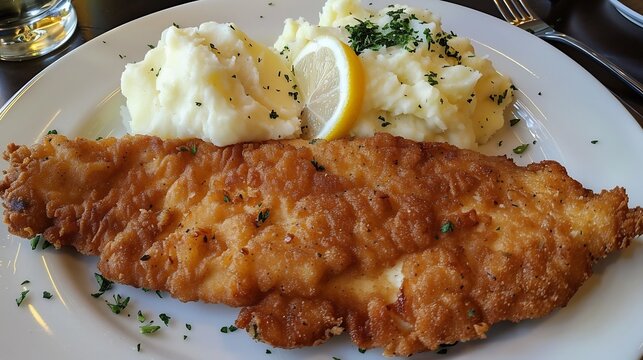 Golden brown chicken schnitzel with a side of mashed potatoes and lemon wedges plated for a restaurant style presentation