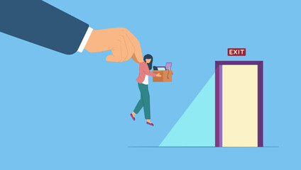 CEO or businessman's hand holding fired dismissed employee with things, unemployment crisis, jobless employee, job reduction. Downsizing and layoff, contract terminations, corporate restructuring.