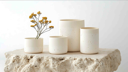 A collection of ecofriendly skincare packaging including glass jars and biodegradable tubes arranged on a sleek stone surface with soft natural lighting