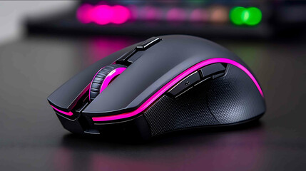 A cuttingedge gaming mouse with an ergonomic design placed on a sleek carbonfiber desk with RGB lighting reflections and a blurred gaming setup in the background