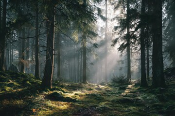 Fototapeta premium Sunbeams Piercing a Misty Forest Path