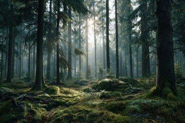 Sunlit Forest: Atmospheric Scene of Tall Trees and Mossy Ground
