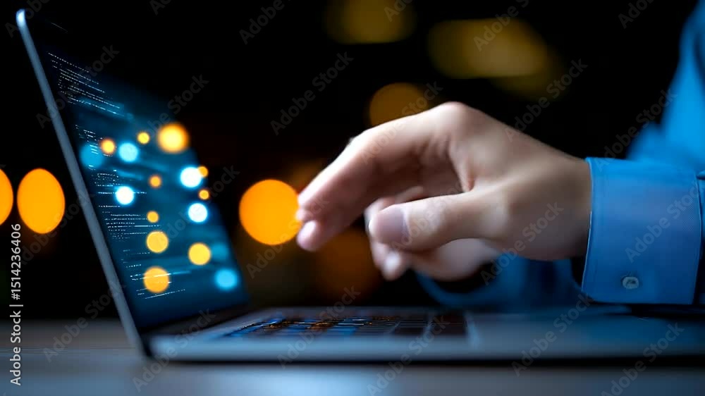 Aufkleber typing on laptop keyboard with glowing data light effects