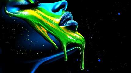 Abstract portrait of a woman's face with dripping vivid color paint art