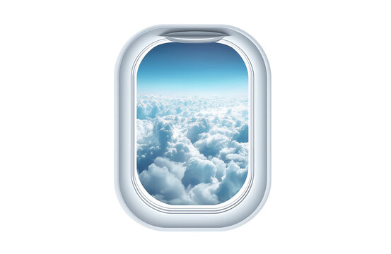 Airplane window with sky background