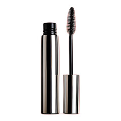 Close up of a high end sleek black mascara container and applicator wand against a crisp white studio backdrop showcasing a premium beauty product