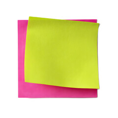 Vibrant neon colored sticky notes arranged on a plain white background representing a minimalist modern office or workspace