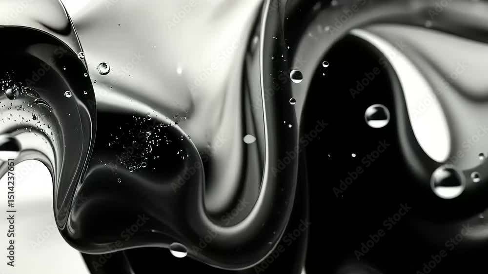 Poster abstract black and white liquid with bubbles creating a sense of movement and fluidity