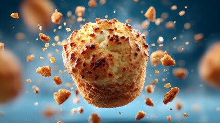 Classic muffin with golden sugar top floating on bright blue backdrop with motion crumbs – timeless dessert photo Image 4K UHD