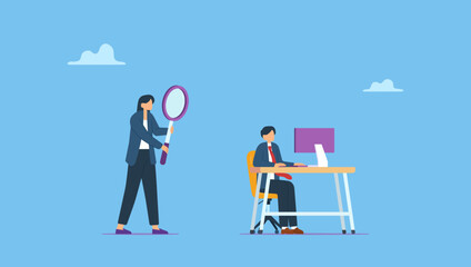 Manager watching at employee working. Employee monitoring in remote work, micro management watching every working steps, analyzing or evaluate employee, scanning performance or observation.