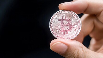 Close-up of Hand Holding a Pink Bitcoin Cryptocurrency with Dark Background