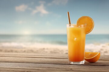 Refreshing Orange Cocktail on Beach Wooden Table